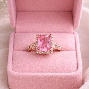 Rose Gold ring with cushion cut pink gemstone, size 7